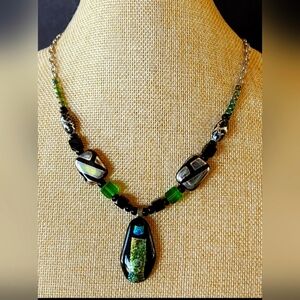 Dichroic Glass Necklace Silvertone 17" To 18" Pendant 1.71"